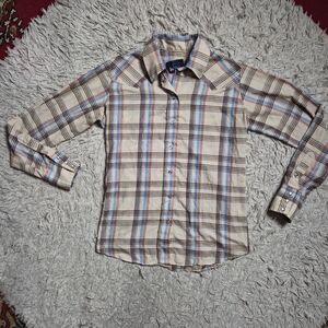Womens Vintage Plaid Shirt Mother Of Pearl Snap Buttons Panhandle Slim Western ✨